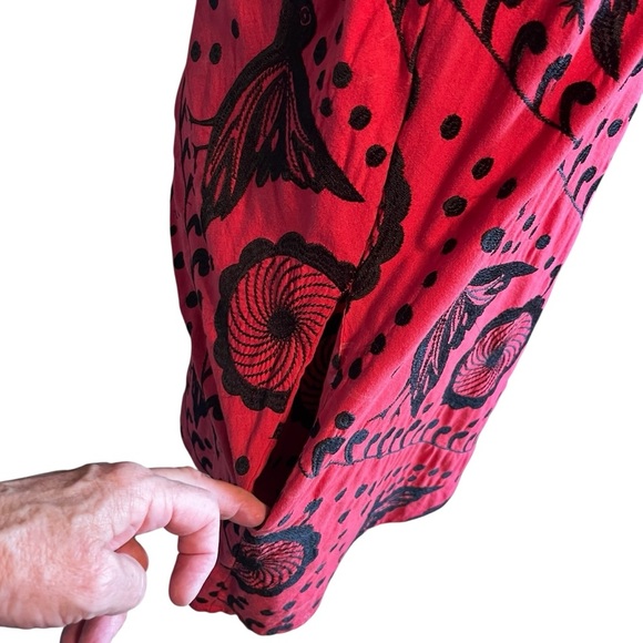 Anthropologie La La Lame Red Embroidered Cotton Dress with Birds Pockets Small - Picture 6 of 9
